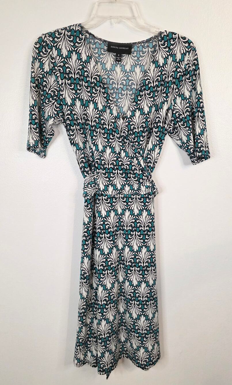 Donna Morgan Faux Wrap Tie Back Dress Green White Black Short Sleeve Women Sz. 8